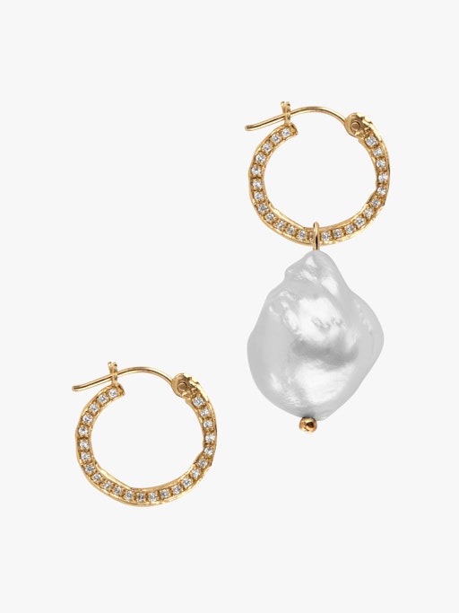 Diamond hoop earrings with baroque pearl photo